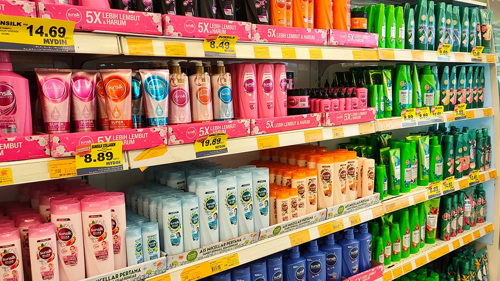 Daily use products sold at supermarkets, all in plastic bottles or plastic packaging.