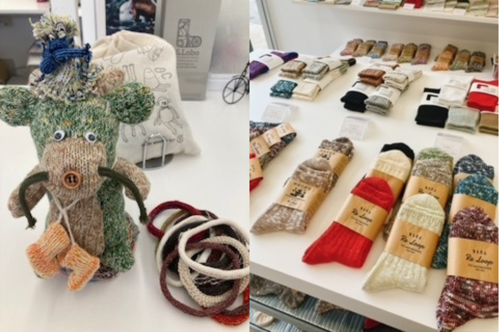 Stuffed animal made from recycled socks or fabric offcuts, and House-made socks made with recycled cotton and fabric scraps